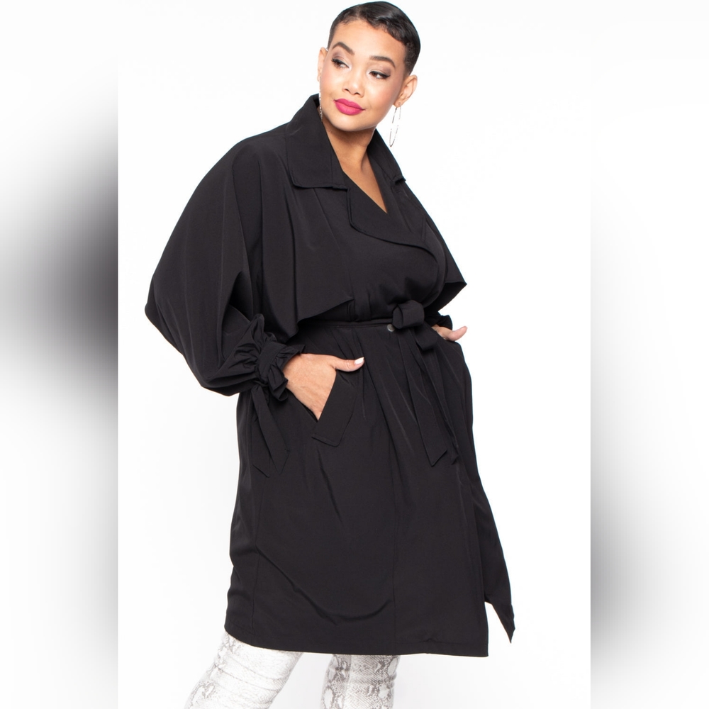 NEW NWOT CurvySense Plus Size Black Luxe Belted French Trench Coat Size 3XL - Picture 4 of 6